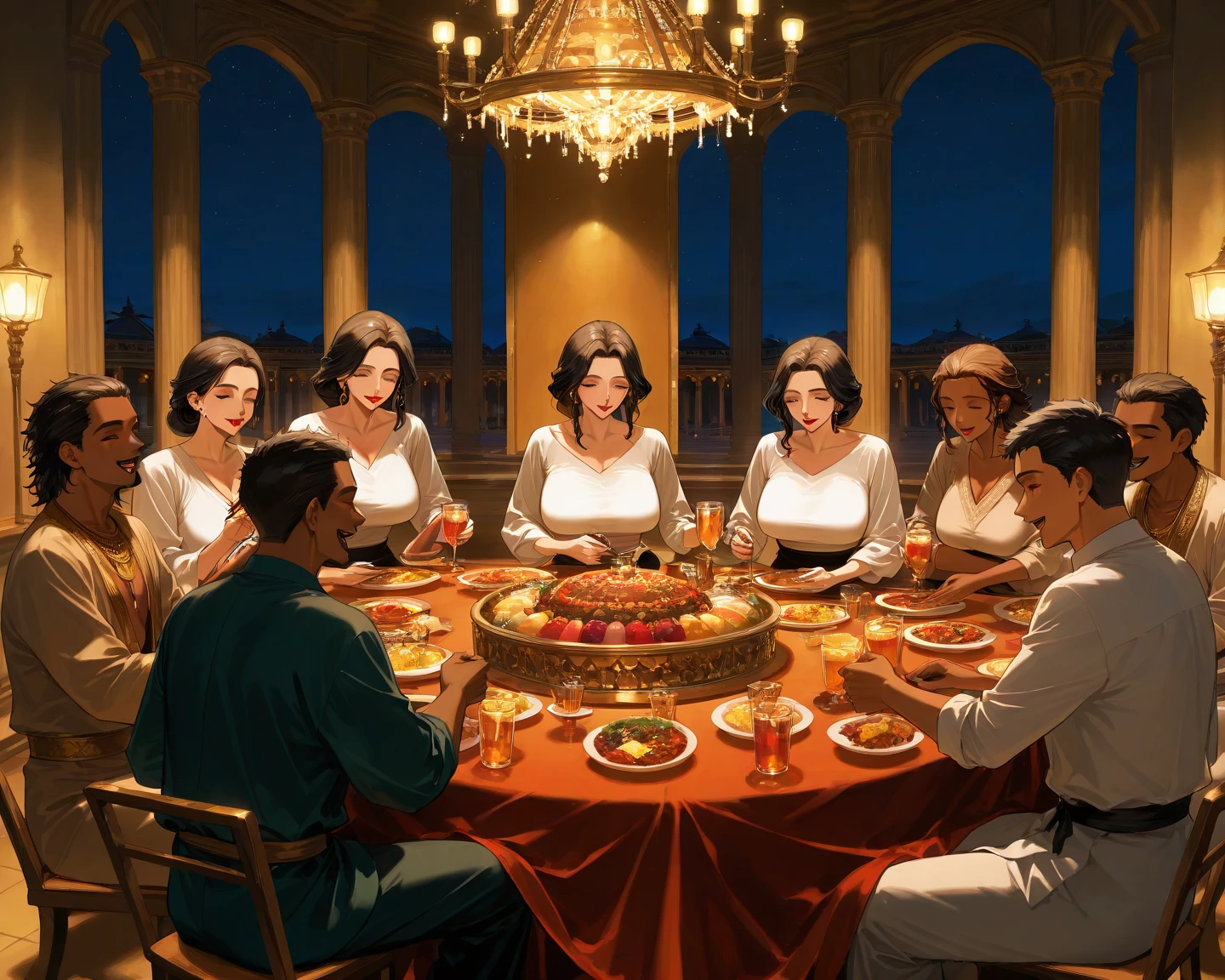 hindu harem women, beautiful fair light skin, thick red lips, milf, mature female, curvy, hindu palace, feast hall, indoor, night time, a lot of hindu men sitting at the table, harem women sitting and feasting at the table with a lot of hindu men, joyful, party, music playing, ancient hindu settings