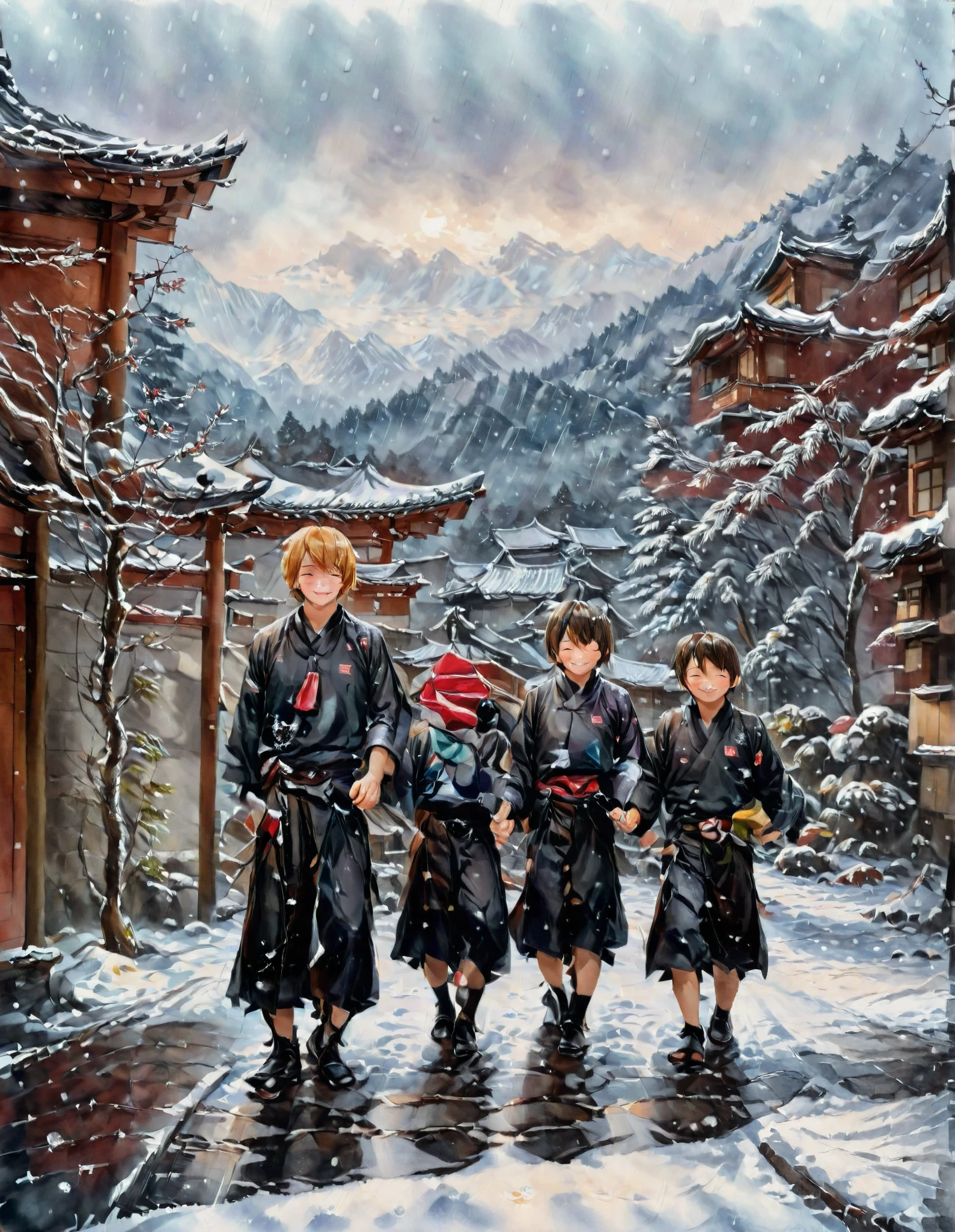  two boys playing in the schoolyard 、Clothes are black snow hakama 、smile、 school with red roof in the background