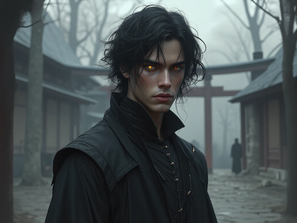 A tall boy with black hair, in modern samurai clothing, golden eyes, gloomy face , there is a modern dojo in the background 