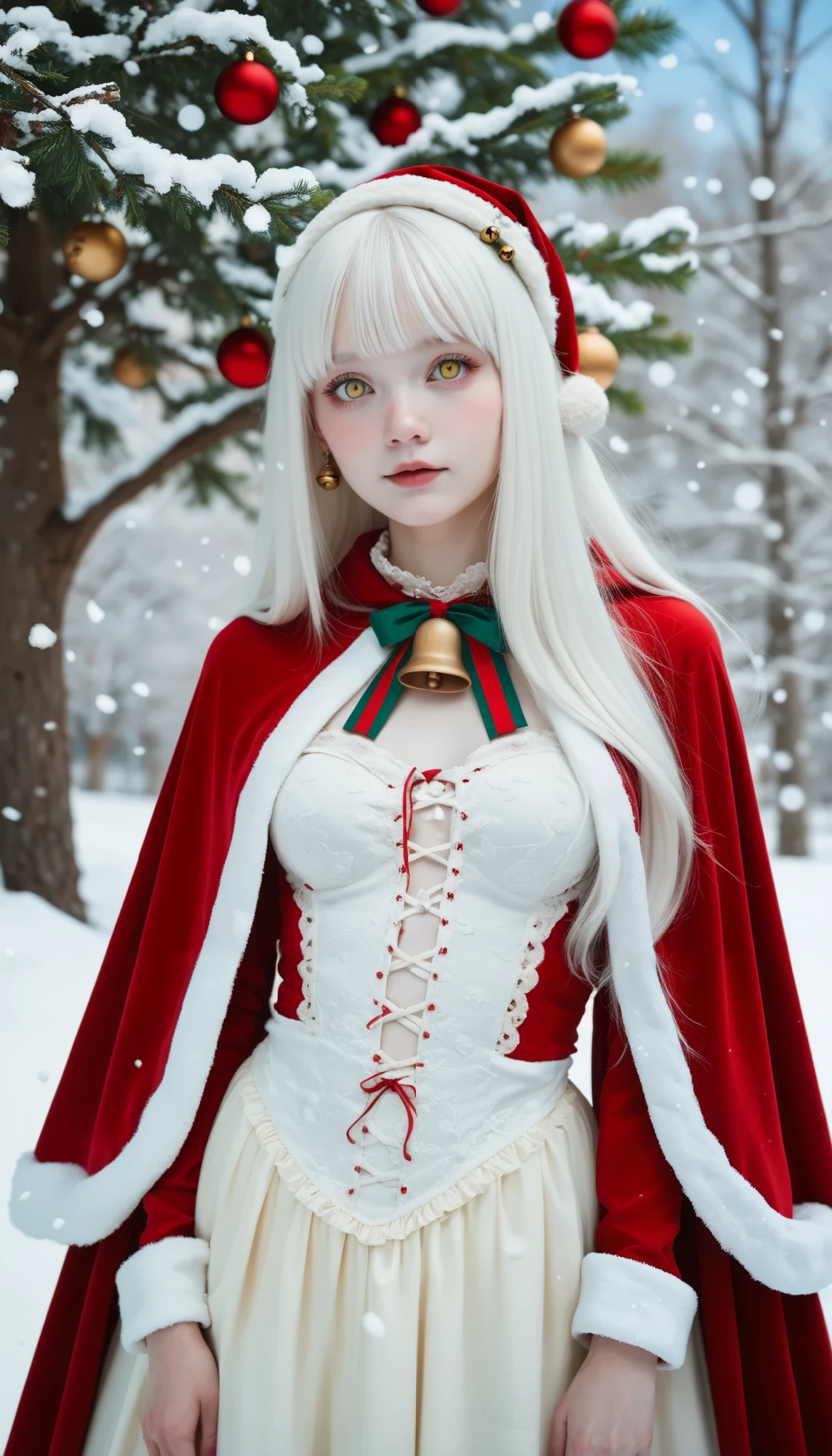 gothic lolita cosplay, cute girl, Red Cloak and Bells, masterpiece, (( long hair )), long white hair , very long straight hair, Short bangs, albino white skin, Pale yellow eyes , Narrow shoulders, Moderate breasts, white skin, skinny, ((( outdoor、 snowing 世界、 snowing )))、 Christmas atmosphere , Christmas Neon, (((Night Time、 snows、 christmas tree )))