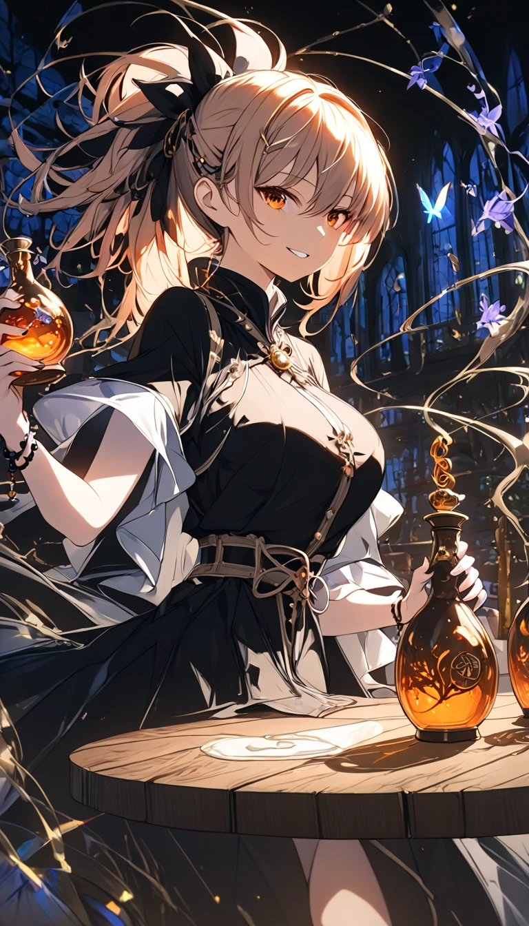 a beautiful young witch in a dark forest, wearing a long black dress and a tall pointed hat, holding a glowing potion bottle in her hand, surrounded by other potion bottles on a wooden table, mystical and magical atmosphere, (best quality,4k,8k,highres,masterpiece:1.2),ultra-detailed cinematic lighting,intricate details,dramatic lighting,moody colors,dramatic shadows,fantasy art, elegant pose, yoimiya, bangs, blonde hair, hair ornament, hair between eyes, ponytail, sidelocks, orange eyes, light brown hair, 1women ,4k, 8k, uhd, hdr, detailed background,mature female, dynamic pose, full body, ,skin pores, score_9, score_8_up, score_7_up, (sfw), (cowboy shot, dutch angle:1.2), 1girl, solo, mature female, whole body shot ,1girl, solo, mature female, smiling,1girl, solo, mature female, big breasts, dynamic angle, (negative_v2 Color_Balance_Calibration:0.8), Stable_Yogis_Animetoon_Negatives, negativeXL_D, aidxlv05_neg,
