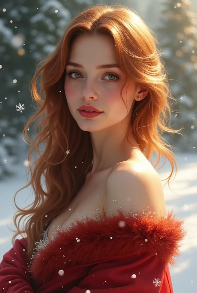 (full body shot:1.3) photorealistic image of a (standing pose:1.1) woman, ultra realistic, photography, long red hair, girl, 24 years old, hourglass figure, perfect body, Flirty look, natural medium breasts, blur background, in a small snowy village, winter scene starry night scene. (Masterpiece, Best Quality, Highres:1.4), Detailed, Intricate Details, 4K, wearing a white bikini with a blue snowflake print, show her feet, there is a yellow flower next to her feet, full body picture, full body shot, full body, wide angle picture, wide angle shot, wide angle, 