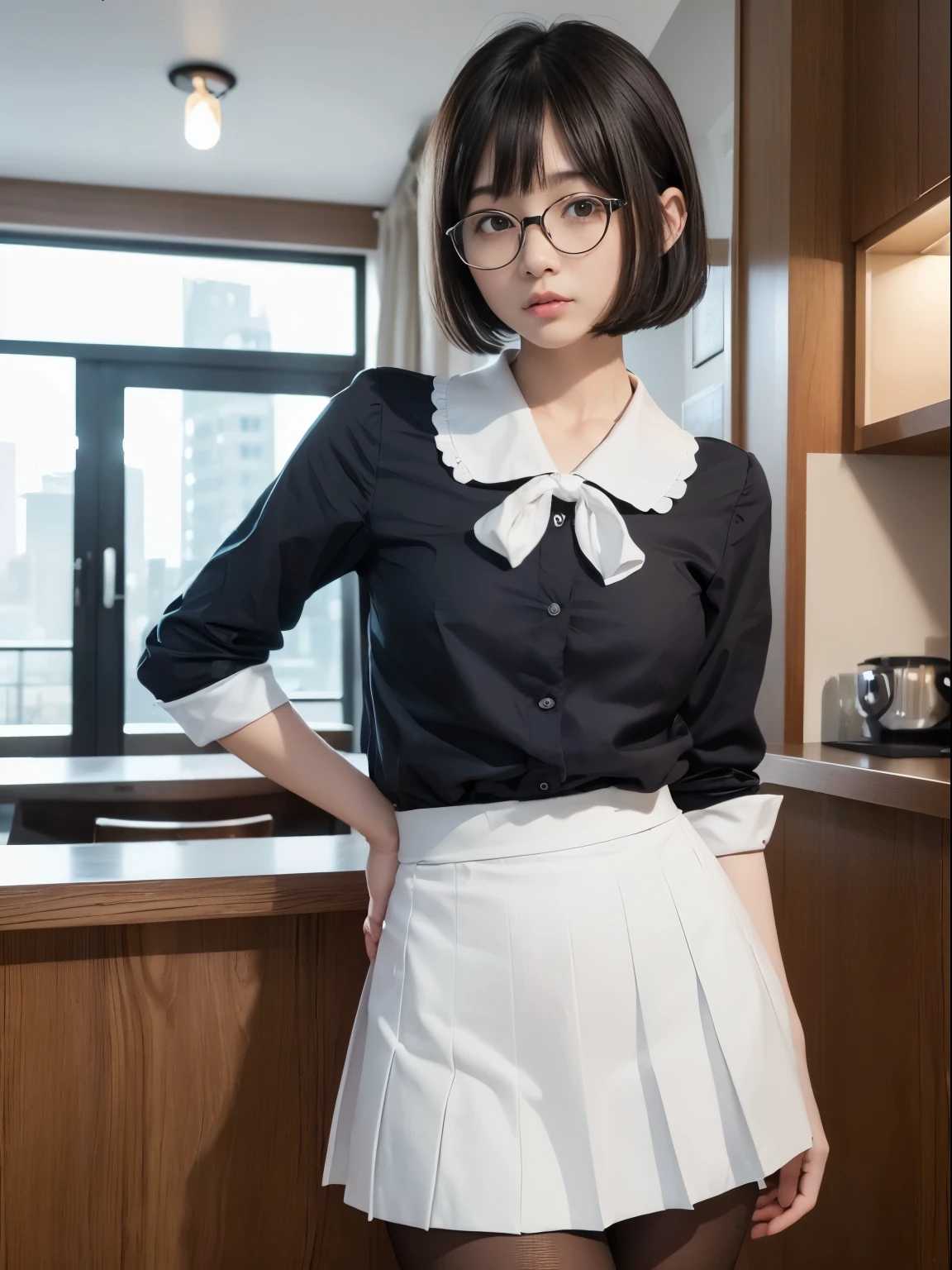 Japanese women, , (Black short bob hair), Plump body, Black Eyes,(Wear rimless glasses) Japanese school girl uniform, (he&#39;Wearing a white shirt, Showing off her bra), Huge breasts, Light grey pleated skirt, Sit on a chair, Seductive pose, Full Body Shot, smile, In the classroom.