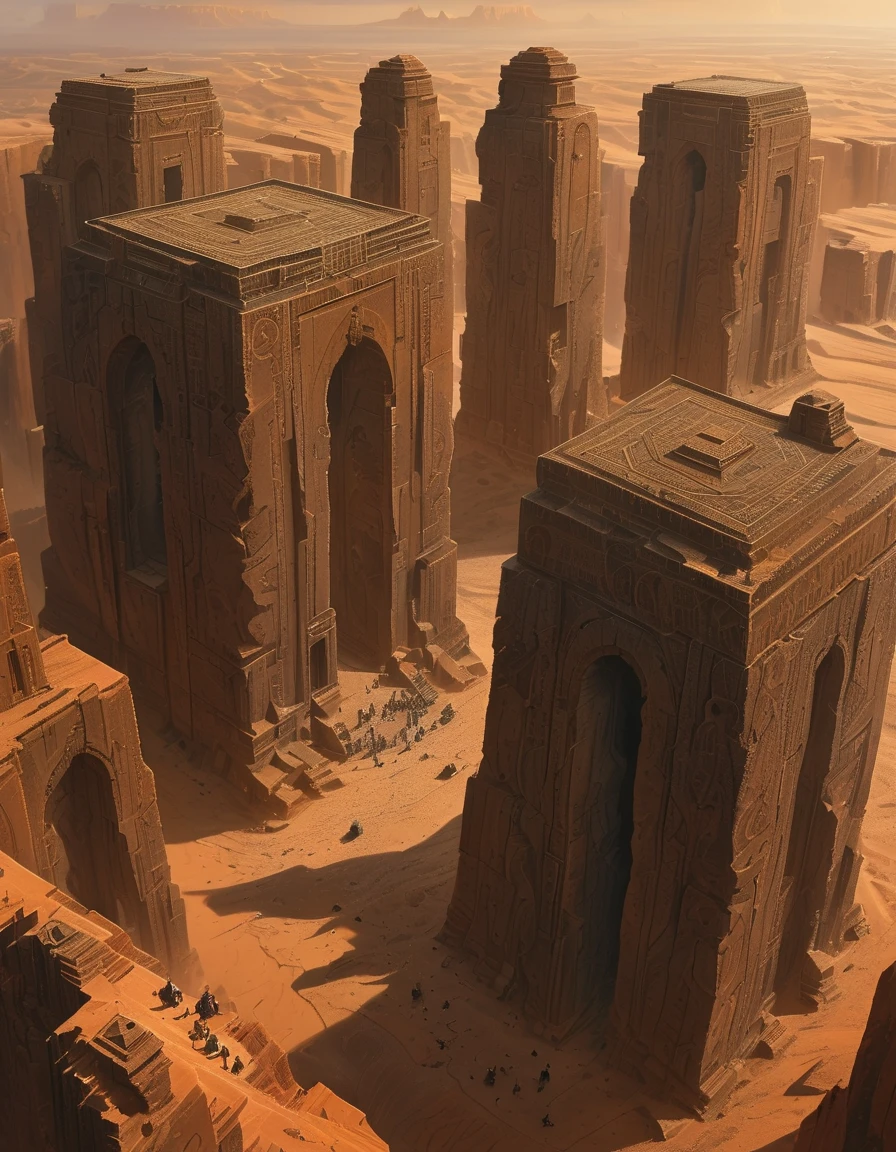 A colossal stone monument, weathered by centuries of erosion, rises from the heart of a vast and desolate desert. Its intricate carvings depict the alien features of an ancient creature, now abandoned and half-buried in the shifting sands. The monument's surface is cracked and worn, with faint traces of its otherworldly origins still visible. A group of figures stands nearby, dwarfed by the monument’s immense scale, gazing up at it in awe and wonder, as though seeking answers from a long-forgotten time. The scene is bathed in warm, golden light as the sun sets on the endless horizon