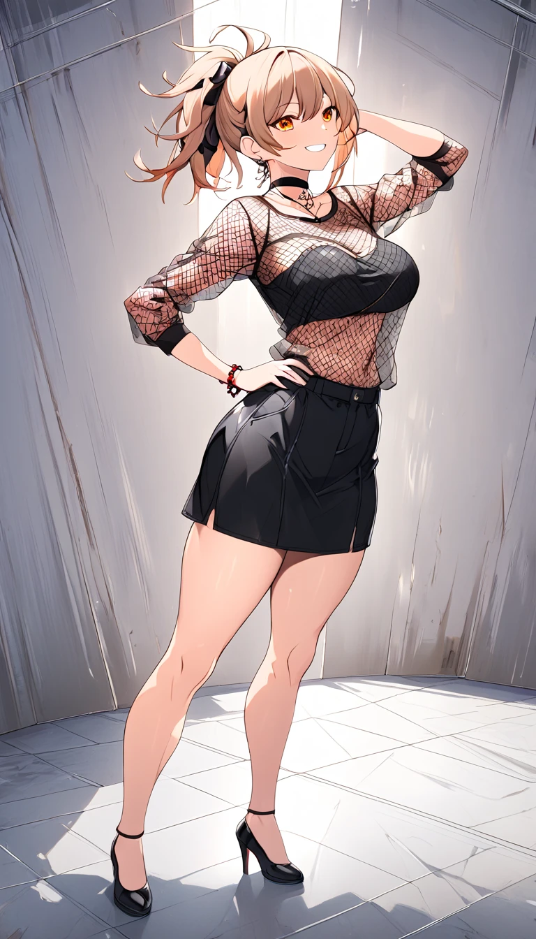 solo, black skirt, fishnet shirt, see-through shirt, see-through, pantyhose,hands on hip,black shirt, see-through sleeves,pose,{{{black clothes}}}, lace-trim bra,full body,high heels,choker, t-shirt, long sleeves,  yoimiya, bangs, blonde hair, hair ornament, hair between eyes, ponytail, sidelocks, orange eyes, light brown hair, 1women ,4k, 8k, uhd, hdr, detailed background,mature female, dynamic pose, full body, ,skin pores, score_9, score_8_up, score_7_up, (sfw), (cowboy shot, dutch angle:1.2), 1girl, solo, mature female, whole body shot ,1girl, solo, mature female, smiling,1girl, solo, mature female, big breasts, dynamic angle, (negative_v2 Color_Balance_Calibration:0.8), Stable_Yogis_Animetoon_Negatives, negativeXL_D, aidxlv05_neg, indoor background