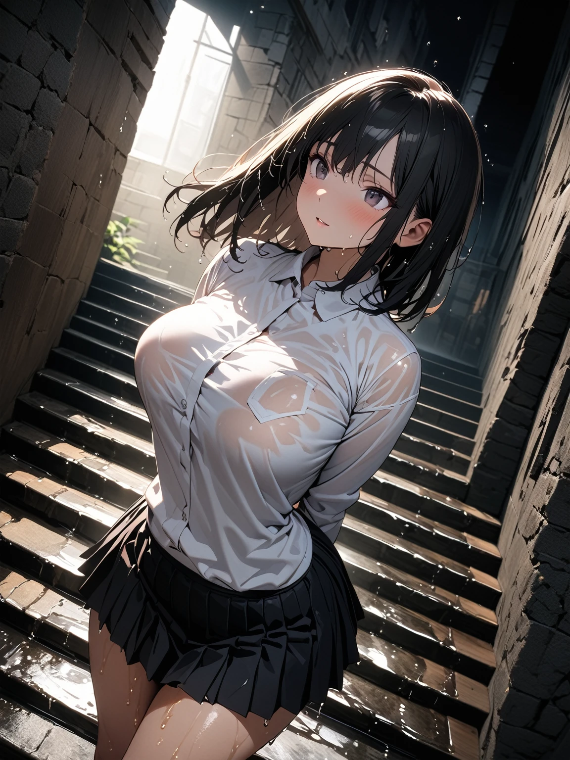 absurdres, RAW photo, extremely delicate and beautiful, masterpiece, Best Quality, ultra high resolution, 32k, hyperrealistic, ultra-detailed, perfect figure, in her 20s, very small head, very small face, delicate facial features, tearful mole, earring, huge breasts, legs, full body shot, medium hair, black hair, Colored inner hair, sweat, school_uniform,