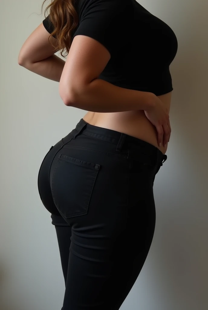 a woman in high waisted pants and a black top, wearing tight simple clothes, tight outfit, skinny waist and thick hips, intriguing outfit, thicc, curvy accentuated booty, tight attire, sexy outfit, long shot from the back, tight fit, thick thigs, shapely derriere, close up to a skinny, sexy style, thick