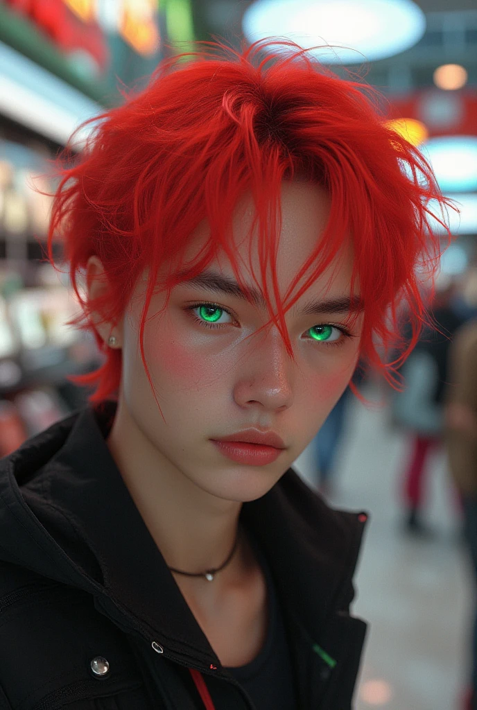 A korean boy with neon translucent  red  sexy hair with mesmerizing neon green  eyes, , modern clothing, fragile and weak body frame,  self conscious look on his face,and there is a normal shopping complex in his background 