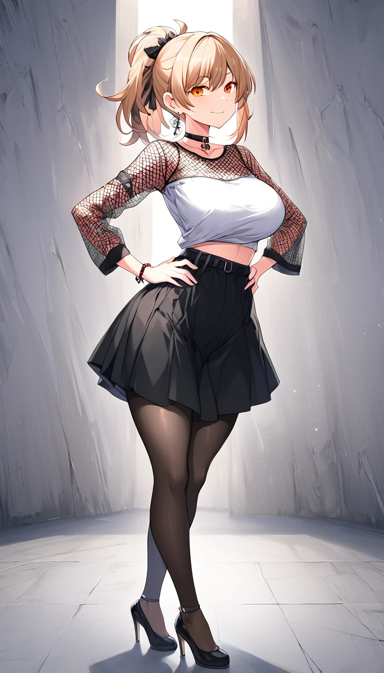 solo, black skirt, fishnet shirt, see-through shirt, see-through, pantyhose,hands on hip,black shirt, see-through sleeves,pose,{{{black clothes}}}, lace-trim bra,full body,high heels,choker, t-shirt, long sleeves, yoimiya, bangs, blonde hair, hair ornament, hair between eyes, ponytail, sidelocks, orange eyes, light brown hair, 1women ,4k, 8k, uhd, hdr, detailed background,mature female, dynamic pose, full body, ,skin pores, score_9, score_8_up, score_7_up, (sfw), (cowboy shot, dutch angle:1.2), 1girl, solo, mature female, whole body shot ,1girl, solo, mature female, smiling,1girl, solo, mature female, big breasts, dynamic angle, (negative_v2 Color_Balance_Calibration:0.8), Stable_Yogis_Animetoon_Negatives, negativeXL_D, aidxlv05_neg, indoor background
