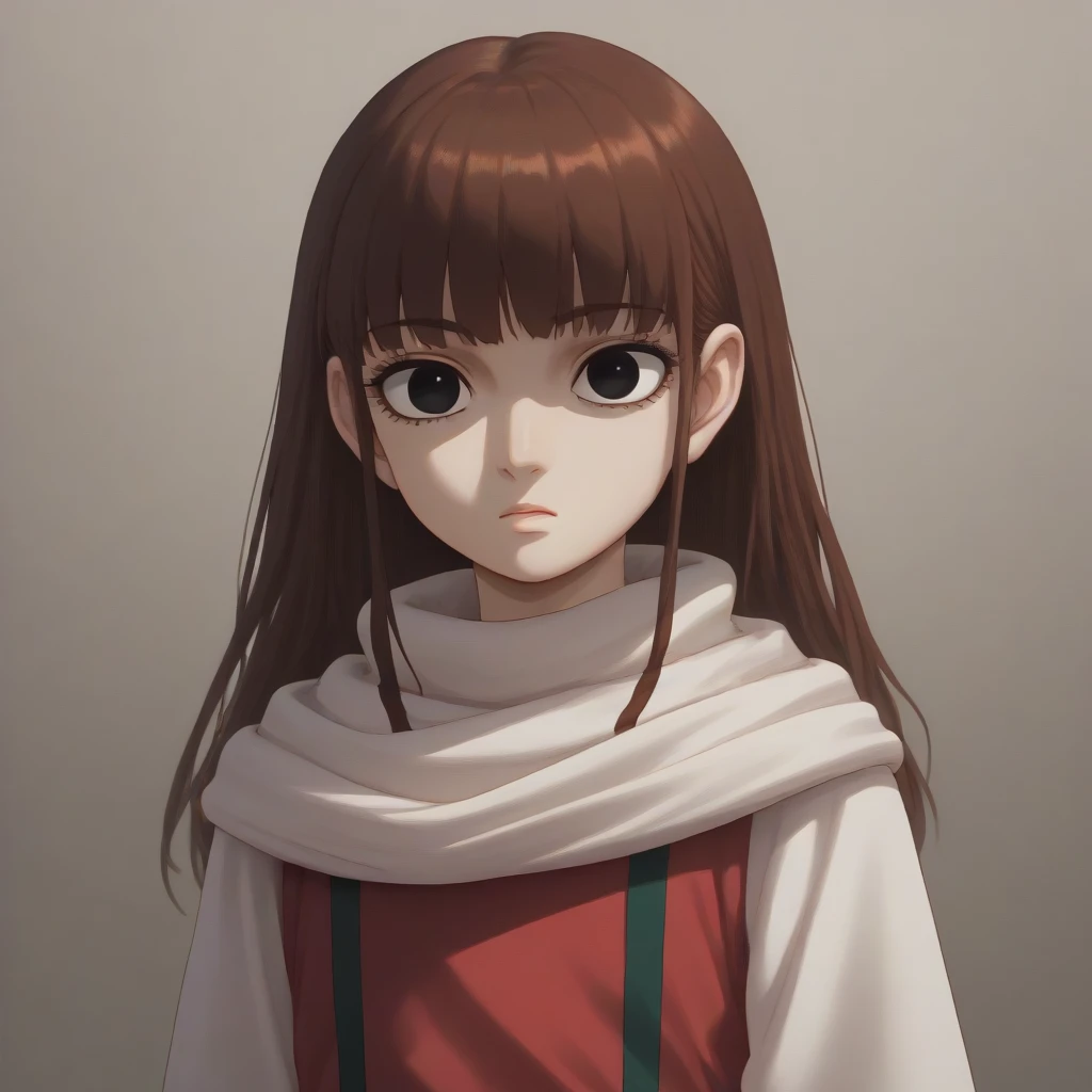 Fujifilm, UHD, masterpiece, textured skin, high details, best quality, highres, 8k, 16k ((Mizumoto Yukari )) ((((brown hair long hair bob cut   hair style   black eyes   no pupils  ))))   score_9, score_8_up, score_7_up,  (1child)  kyoukai  cowl   