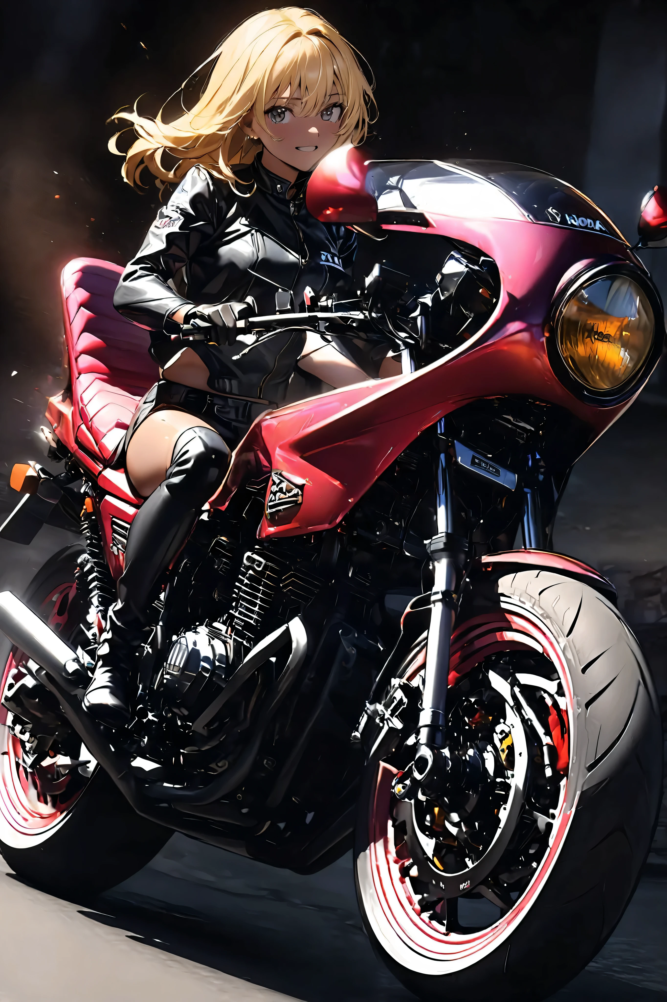 1 high school girl rides a motorcycle tuned to Honda CBX400F cafe racer specifications, a separate handlebars 、 glossy brown skin, small breasts, video,   inviting ,  top quality ,  leather gloves , perfect face、Yellow Hair、 リーゼントヘア