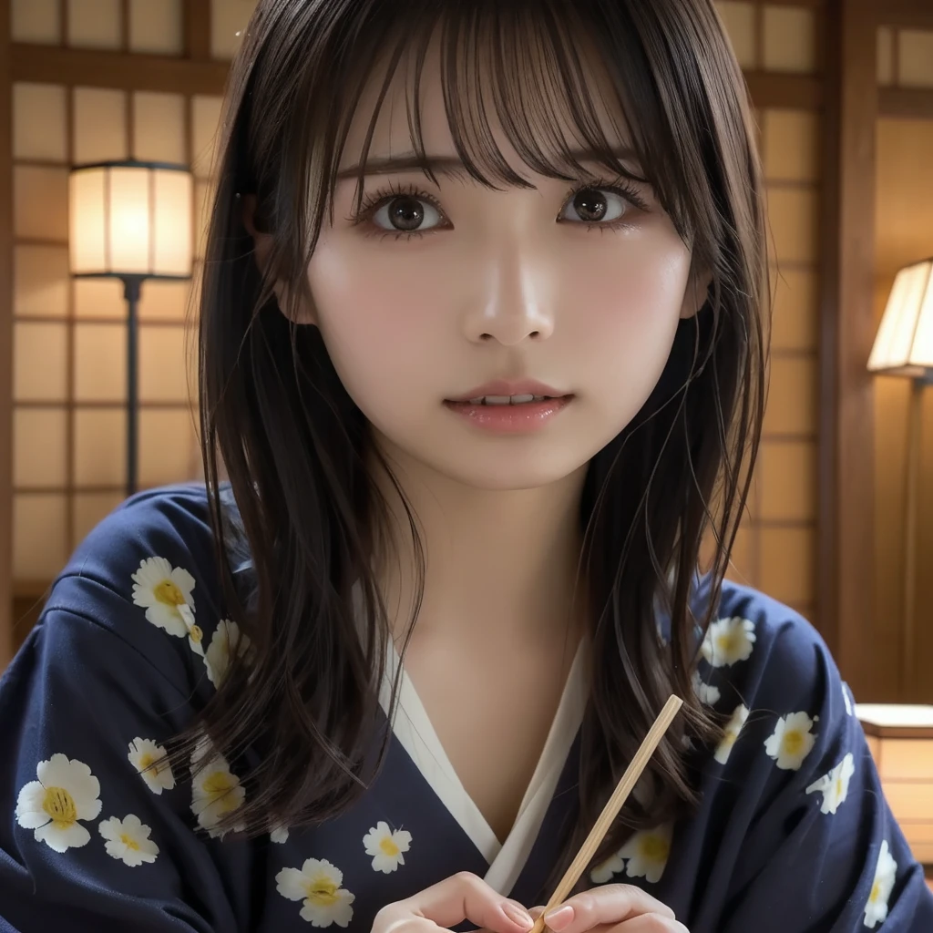 Top quality, masterpiece, the most cutest girl in the world,super high resolution, (photorealistic:1.4), raw photo, extremely detailed, perfect anatomy, one girl, the cutest in the world, very slim body, , most popular Japanese idol, very cute face like the most famous Japanese idol, very beautiful big black eyes, very beautiful long hair, very beautiful and very realistic skin, very beautiful lips, very beautiful long eyelashes, chic brown kimono, upturned buttocks, (Japanese hot spring inn room), detailed room in Japanese hot spring inn, Detailed Japanese camellia pattern kimono, eating soba noodles with chopsticks held correctly