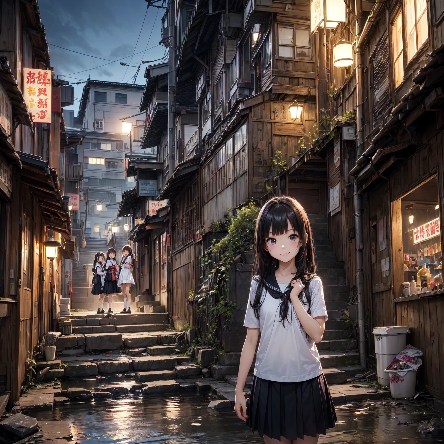 
(masterpiece、Highest quality)、(Japan favelas、Seedy Night City)、((Unhygienic and lifeless:1.4、Shady Red Light District)、((Junior high school girl、3 or more cute girls、smile、fun))、((Unsanitary and dim))、Shady Red Light District、Sale of drinks、(Outer phase)、smile、Happy schoolchildren、Perfect Anatomy