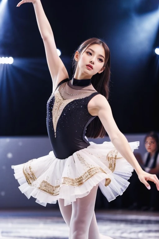   A Japanese woman like an idol   ,  long hair ,  straight hair  , Round face ,  bust up ,  Asian female, Clear Makeup,  has long eyelashes,  figure skater who glides brilliantly on ice , A talented woman, Alone,  captures the final pose at the end of the performance。, That person is clearly ,  super detailed ,  cinematic lighting,  the depth of the written border,  surrealist ,  Figure Skating Outfit