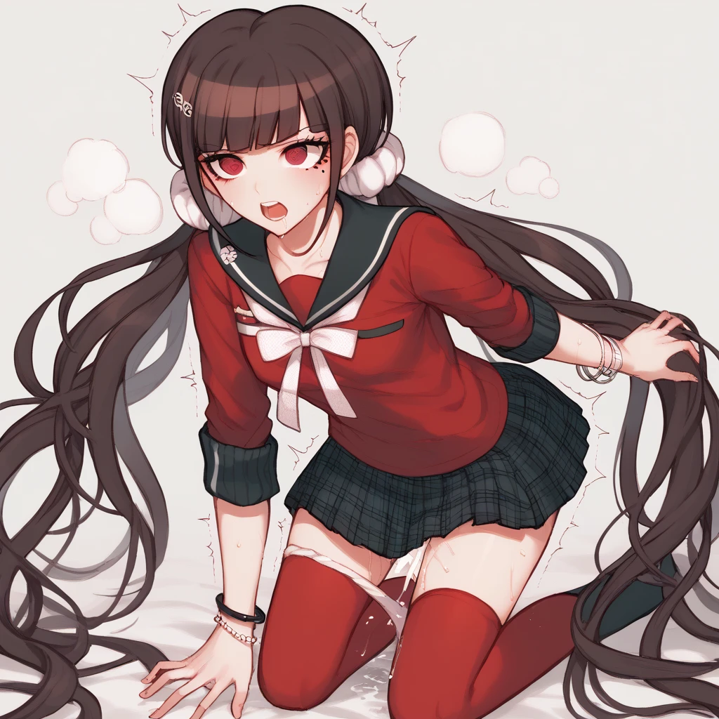 harukawa maki, long hair, bangs, brown hair, black hair, hair ornament, red eyes, twintails, very long hair, hairclip, blunt bangs, mole under eye, low twintails, scrunchie, hair scrunchie, red scrunchie,skirt, shirt, thighhighs, long sleeves, bow, school uniform, pleated skirt,  serafuku, miniskirt, black skirt, sailor collar, mole, bracelet,  zettai ryouiki, plaid, plaid skirt, red shirt, black sailor collar, red thighhighs,1girl、komatsuzaki rui style、danganronpa style、NSFW、impregnation,shaking,trembling、steam,sweat、sweaty body,very sweaty,pussy juice leaking、creampie、 rape、 vaginal、sex slave、defeated、forced pleasure、tears、panties around one leg、white silk pantie、Nipples、open clothes、all fours,arm grab