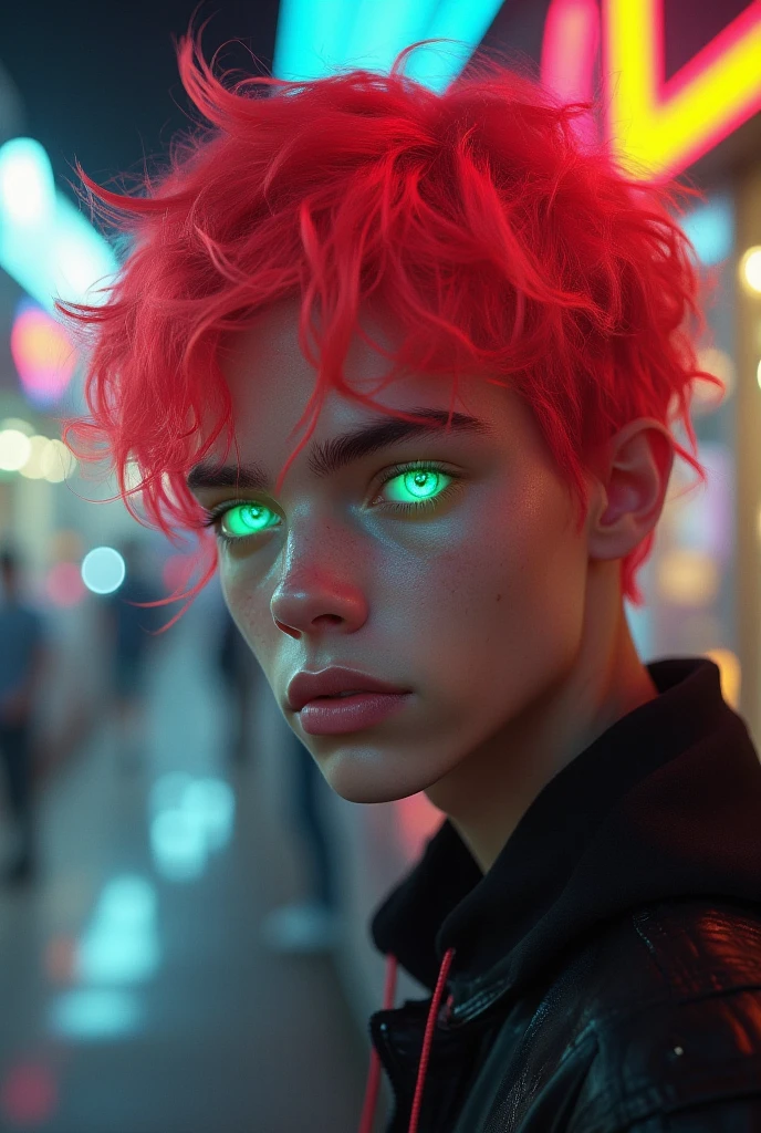 A weak skinny boy with neon translucent  red  sexy hair with mesmerizing neon green  eyes, , modern clothing ,  self conscious look on his face,and there is a normal shopping complex in his background 