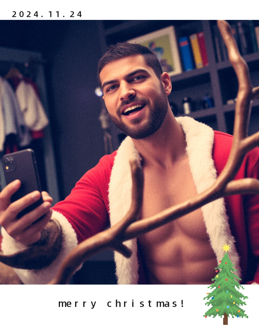 a shirtless man in a Santa hat sitting on a stool with a gift, holiday season, giving gifts to people, Technoviking masculino sem camisa, Me ajuda, despido, holiday vibe, wearing a santa hat, Eu quero dizer, imagem vazada, wearing santa hat, Oh sim, um elfo macho