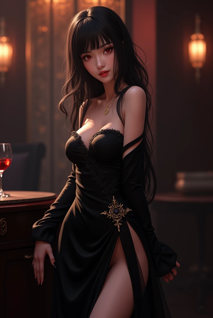 Big breasts, black silk, long hair, long legs, beauty