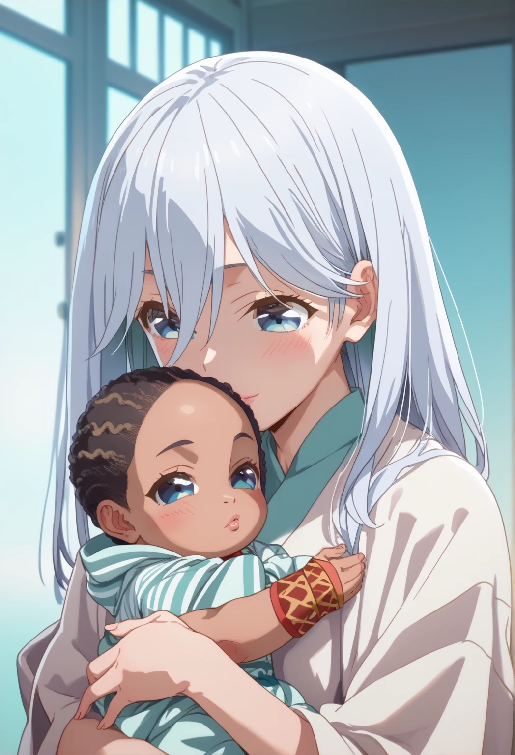 score_9, score_8_up, score_7_up, source_anime,asahi amagami, blue-white hair, blue eyes, 1girl, solo, hair between eyes, long hair, , takeda hiromitsu style, small breasts,                               BREAK mother and baby, small girl,hugging up, baby, (((african baby)))