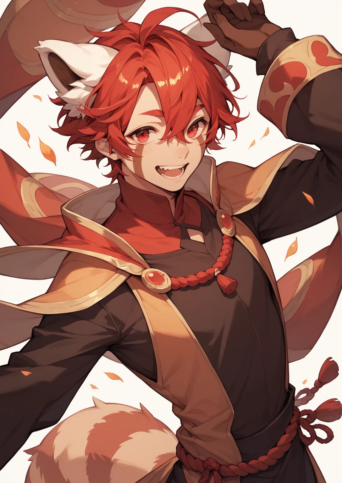 redhead, dark skin, red eyes, 1boy, messy red hair, flames in the ears, 1boy, flames around the user, oversized cape, red rabbit ears, (best quality, masterpiece), sitting, looking at the viewer, dark skin, glasses, short, dark skin, solo, standing, subtle paterns of bright shades of purple along their limbs and tail, red eyes
