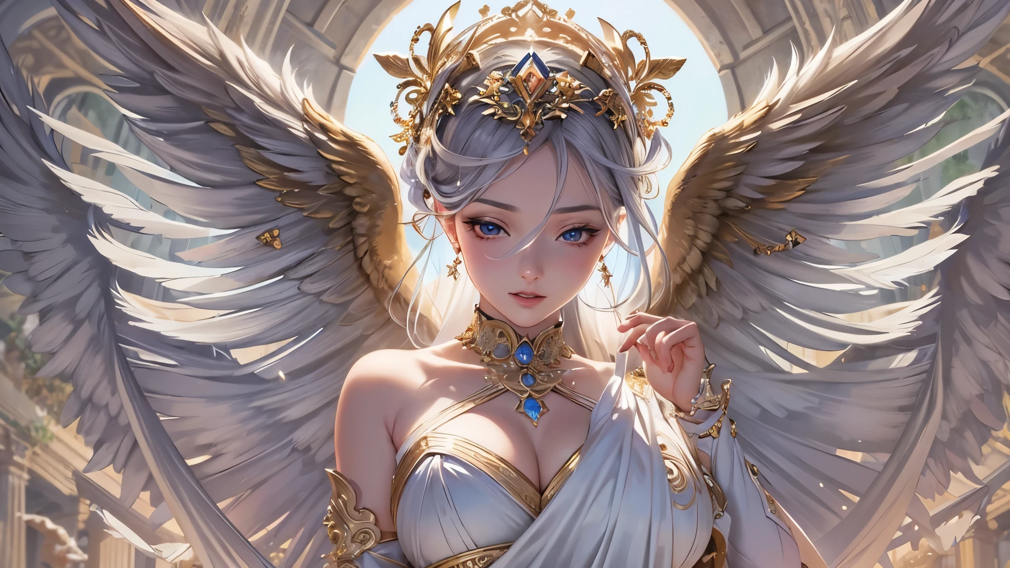 castle in the distance、face is in front、look at the camera、profile、8K、real photos、ultra high resolution, master parts, highest quality, ticker , cinematic images,nice girl、Ann、16 only、Annグロサクソン、double eyelid、droopy eyes、very big eyes、eyes are purple、dark eye shadow、lips are very thin、The tip of your nose grows beautifully.......................................................、small nose,,,,, very detailed , silver hair、straight short hair、smile、 sweet expression 、)、very clear shadows , jewelry , fine eyes, Very difficult, shiny skin , パーフェクトブリリAnnト, perfect sentence, dramatic shadow、white tiara on head、Gold necklace around the neck、White aristocratic dress with gold embroidery、glass high heels、angel wings