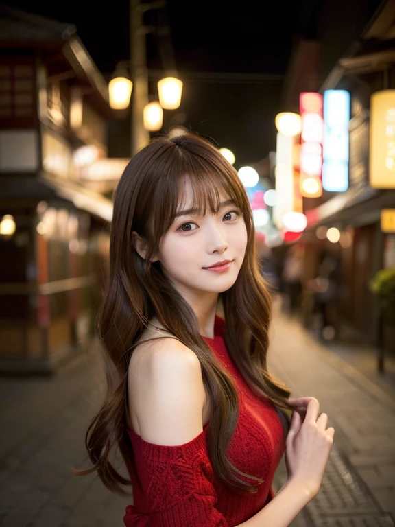 masterpiece, 1 beautiful girl, Detailed eyes, Puffy eyes, highest quality, 超A High resolution, (Realistic : 1.4), Cinema Lighting, Japanese, Asian Beauty, Super Beauty, Beautiful Skin, Slender, (超Realisticな), (High resolution), (8k), (High resolution), (Beautiful and detailed eyes), (Super detailed), (wallpaper)、Detailed face, Bright lighting, Professional Lighting, View Art, (The costume is a red knit dress), Long Hair, My hair is messy, Asymmetrical bangs, Night Scenery, Brown Hair, Japan is an idol, Korean Idols, Gravure idol pose, 23 years old, expensive, smile, Flower park scenery at dusk, ((Front facing body position)),