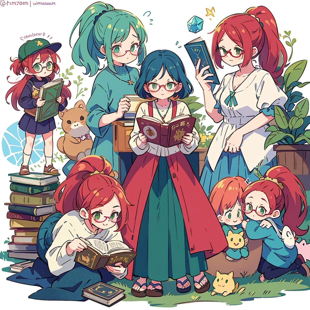 2 people , mother big, daughter small, Books, (masterpiece, highest quality),(Detailed Hair), ((glasses)), Super detailed, Anime Style, whole body, cute, whole bodyきぐるみ, red hair with ponytail mother, blue haired daughter,yellow eyes mother, pink eyes daughter,ponytail mother, short hair daughter,Digital Painting, 8K High Resolution, whole body, White Background, Dynamic pose, Dynamic composition, smile, pastel colour, stars, (motherly figure), mother and daughter, crystals