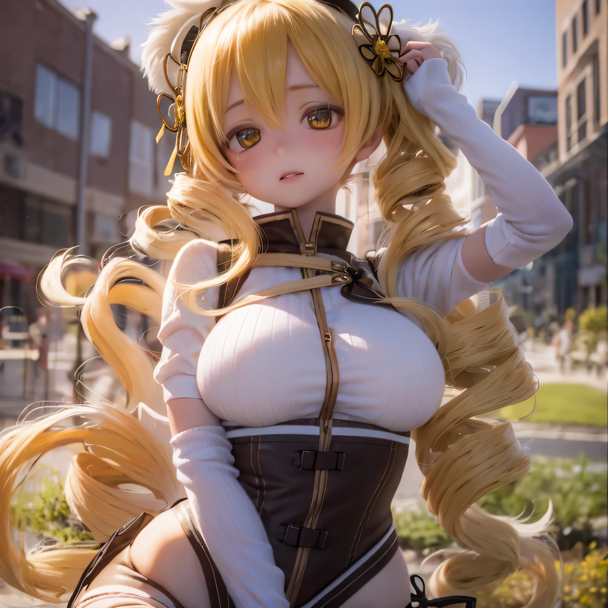            Details,                  Beautiful Woman with Impressive Eyes        ,            perfect face,               Long Golden Hair     ,            golden eyes , Pでk Lips,   Attention to          Details ,          ANIME STYLE  ,            bright color,  cute,  'n'n'             ,           curvy and plump body      . poor、   A cool pose with Mami Tomoe's hairstyle、 Super Big Breasts 