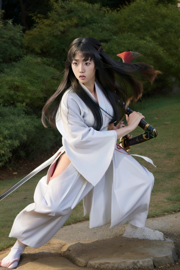 Absurd, High resolution, Super detailed, beautiful, masterpiece, Highest quality, 100, 000 Japanese female samurai in their early twenties ， with diverse hairstyles ， have poured into our country ，Ten people ，With all japanese sword in hand ， wearing white tabi socks ， wearing all styles and kimono and hakama， in a few rows ，On the battlefield，Non-protagonist，Many people，Charging stance，People are very concentrated ， big breast size 4, Swords clashing, heinous expression, creepy atmosphere, heap of females, female samurai style, Many female samurai are fighting in the background, black long hair, Lots of dead bodies in the background