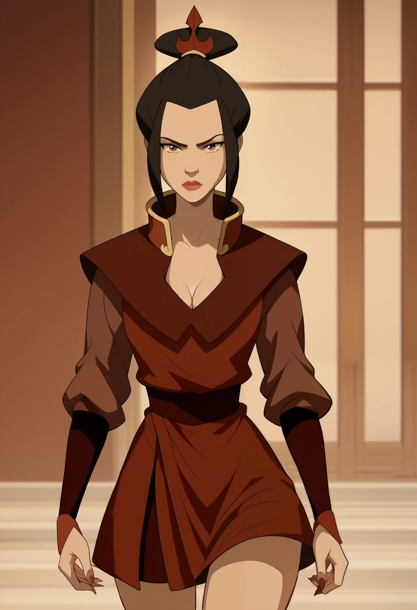 score_9, score_8_up, score_7_up, source_anime, azula, black hair, brown eyes, topknot, sidelocks, hair bun, single hair bun, solo, cowboy shot, sexy pose, seductive, flirting, looking at viewer, sexy clothes, cleavage, thigh, short skirt, sexy,