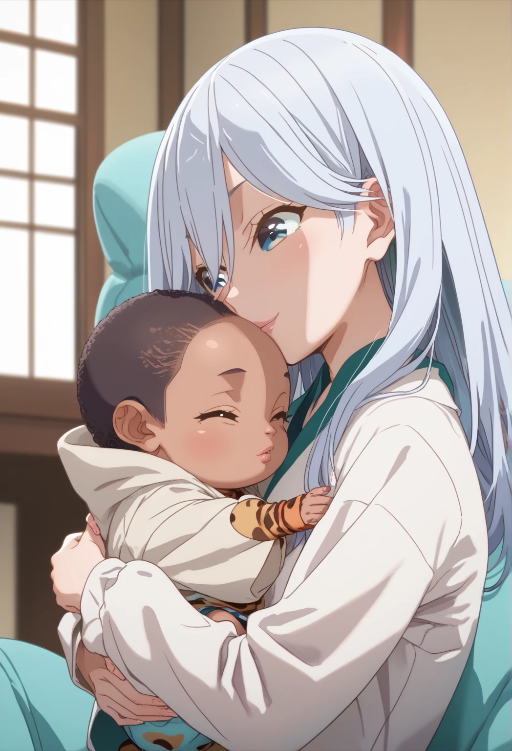 score_9, score_8_up, score_7_up, source_anime,asahi amagami, blue-white hair, blue eyes, 1girl, solo, hair between eyes, long hair, , takeda hiromitsu style, small breasts,                               BREAK mother and baby, small girl,hugging up, baby, (((african baby)))