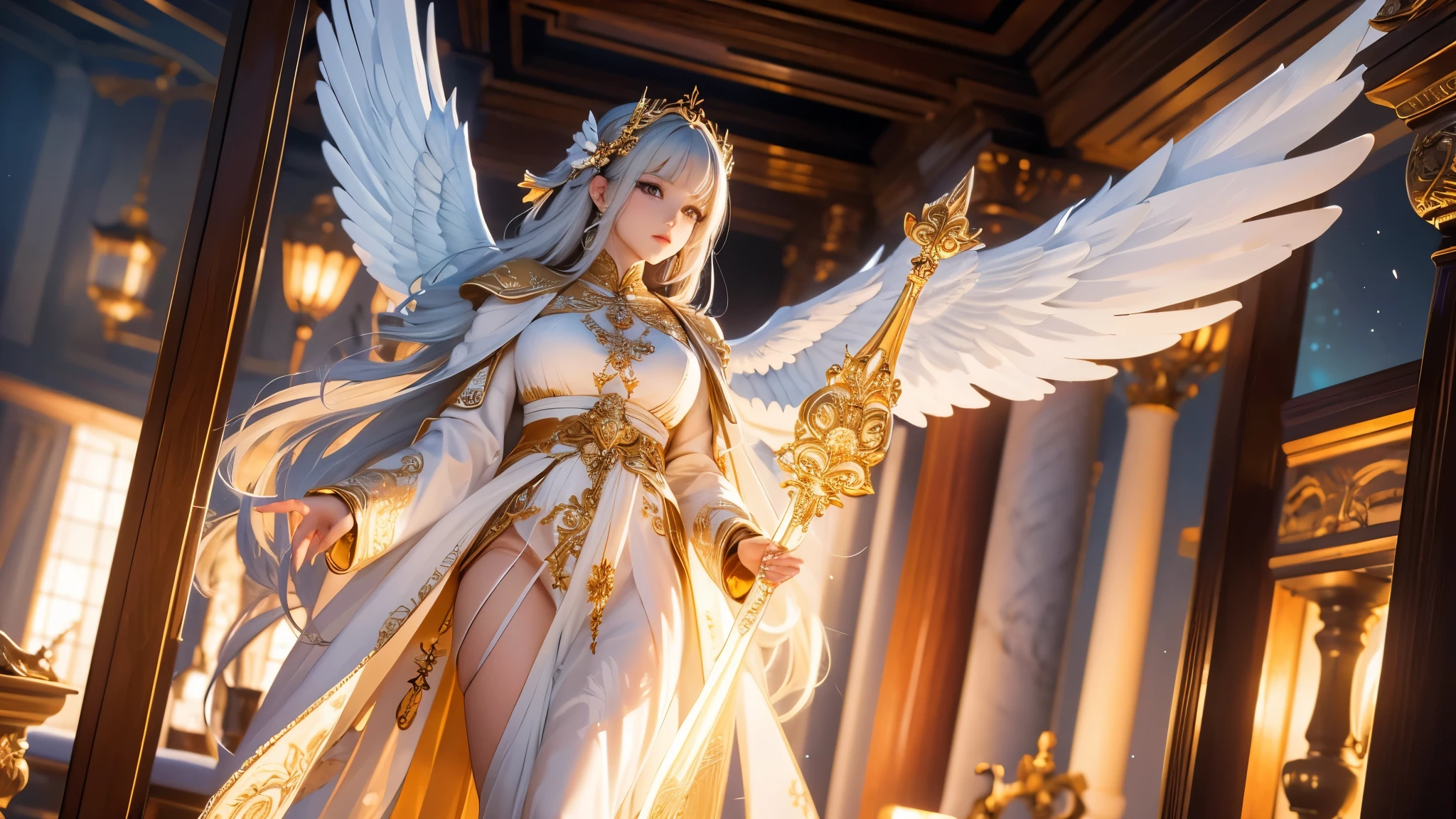 Description: Gabriel is an imposing and serene angel, Known for his firm and protective stance. With intense eyes and majestic wings, he radiates an aura of strength and calm. Her golden hair falls softly over her shoulders, and your clothes are simple, but elegant, reflecting their devotion to the duty of protecting those in need.