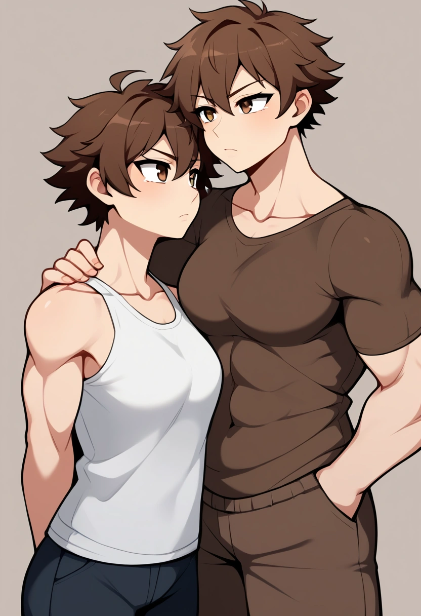 Muscular strong short tomboy Girl **** with short messy very shaggy disheveled brown hair and brown eyes next to a weak curly brown-haired geekboy **yo with brown eyes, stands back to back, brother and sister