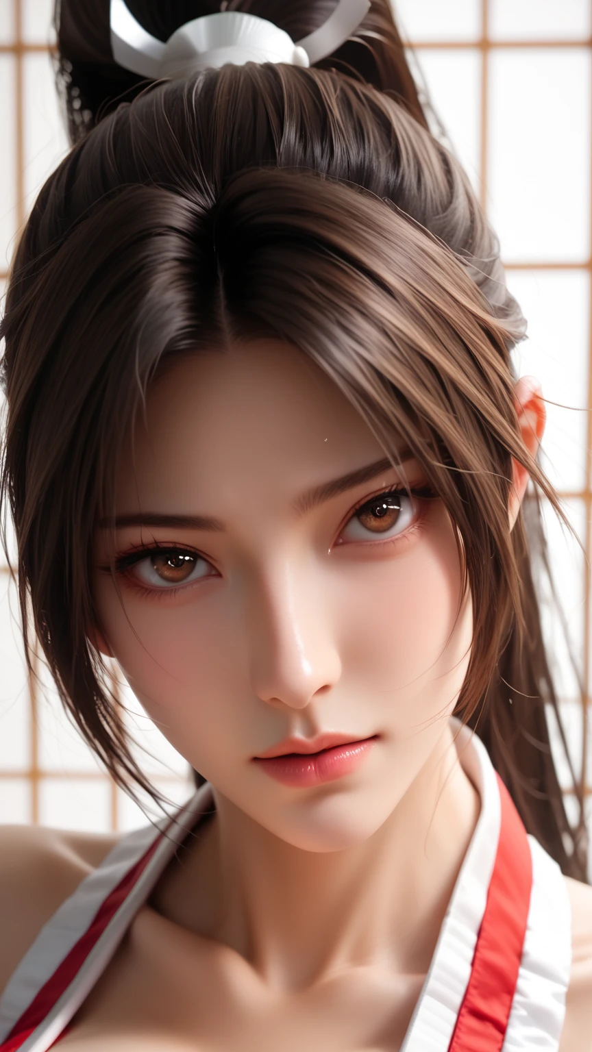 score_9,score_8_up,score_7_up,high res image,masterpiece,best quality,realistic,(big breasts:1.2),Mai Shiranui，(face focus:1.3),(dropping:1.4)，shiranui_mai，(black pupil:1.2),(brown black hair:1.3)