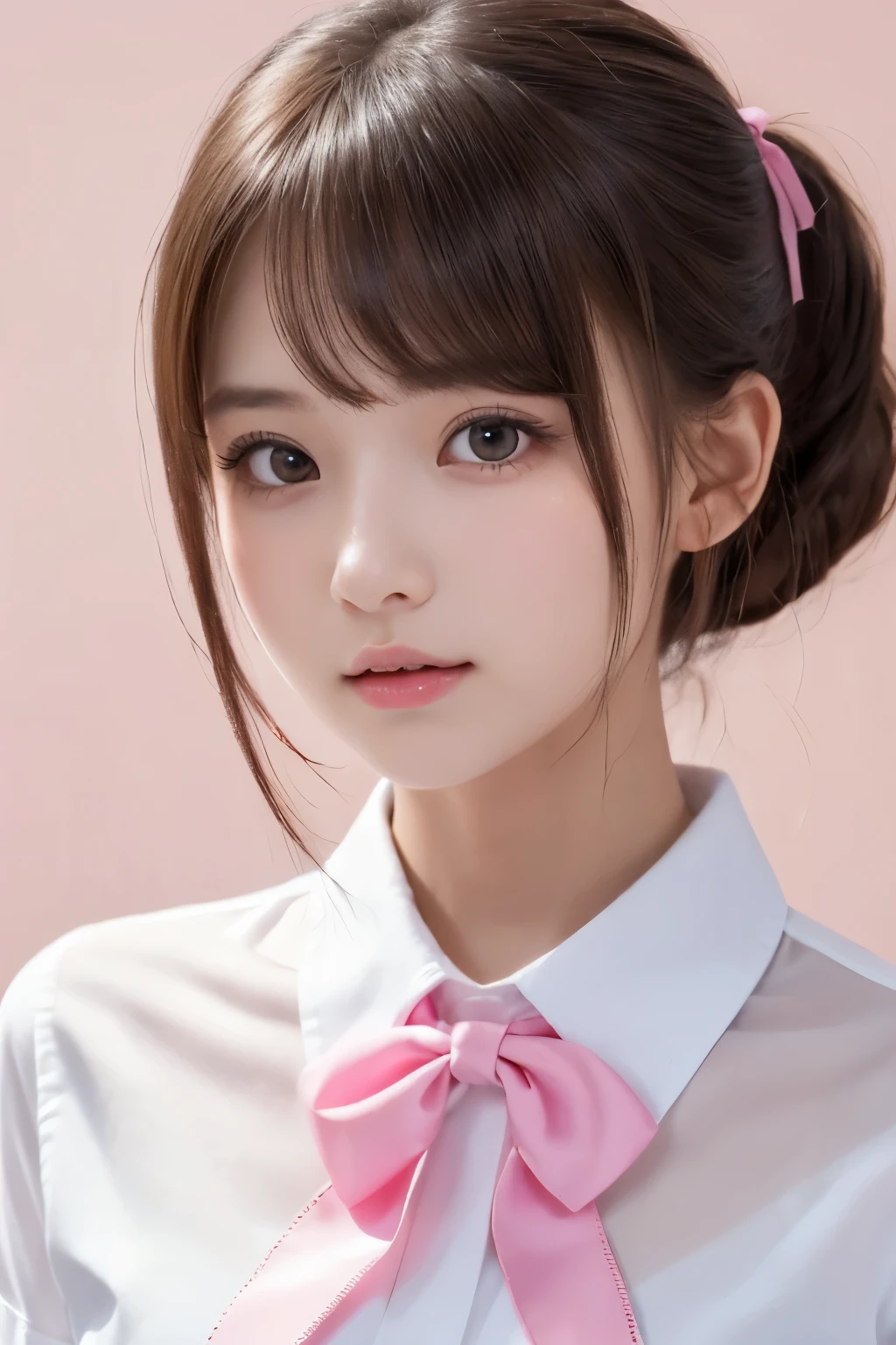 1girl, (a beauty girl, delicate girl, beautiful girl, innocent girl:1.3), (yo:1.3),
break, (school uniform, white shirt, short sleeve:1.3), (pink bow, pink neckerchief:1.2),
break, (white background:1.2),
break, very fine eyes, (symmetrical eyes:1.3),
break, (flat breasts:0.5), (round face, ba (brown eyes), parted bangs, (brown hair), pink ribbon,
break, (eyes and faces with detailed:1.0), face focus,
break, (masterpiece, best quality, ultra detailed, detailed face, 8k)