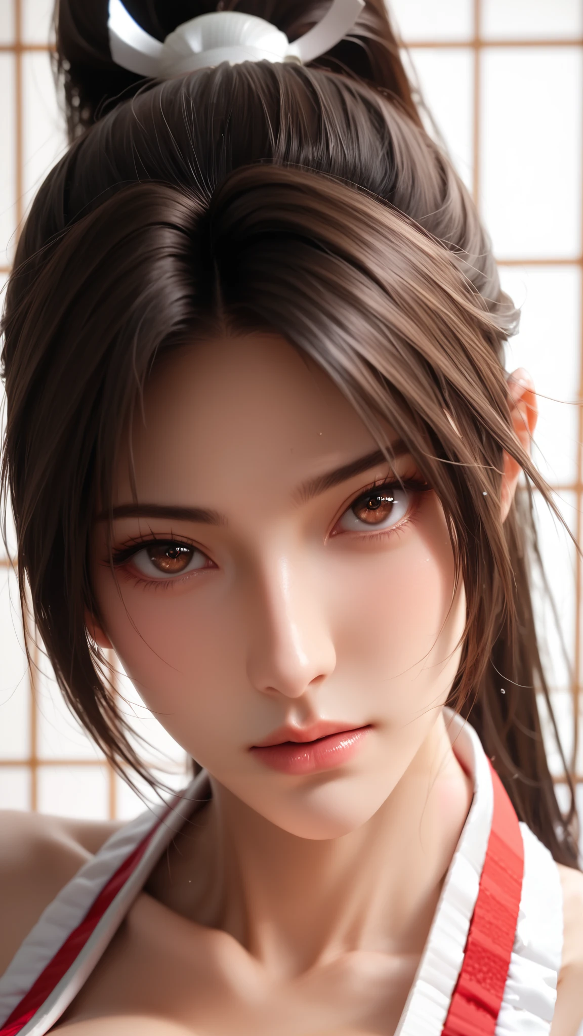 score_9,score_8_up,score_7_up,high res image,masterpiece,best quality,realistic,(big breasts:1.2),Mai Shiranui，(face focus:1.3),(dropping:1.4)，shiranui_mai，(black pupil:1.2),(brown black hair:1.3)