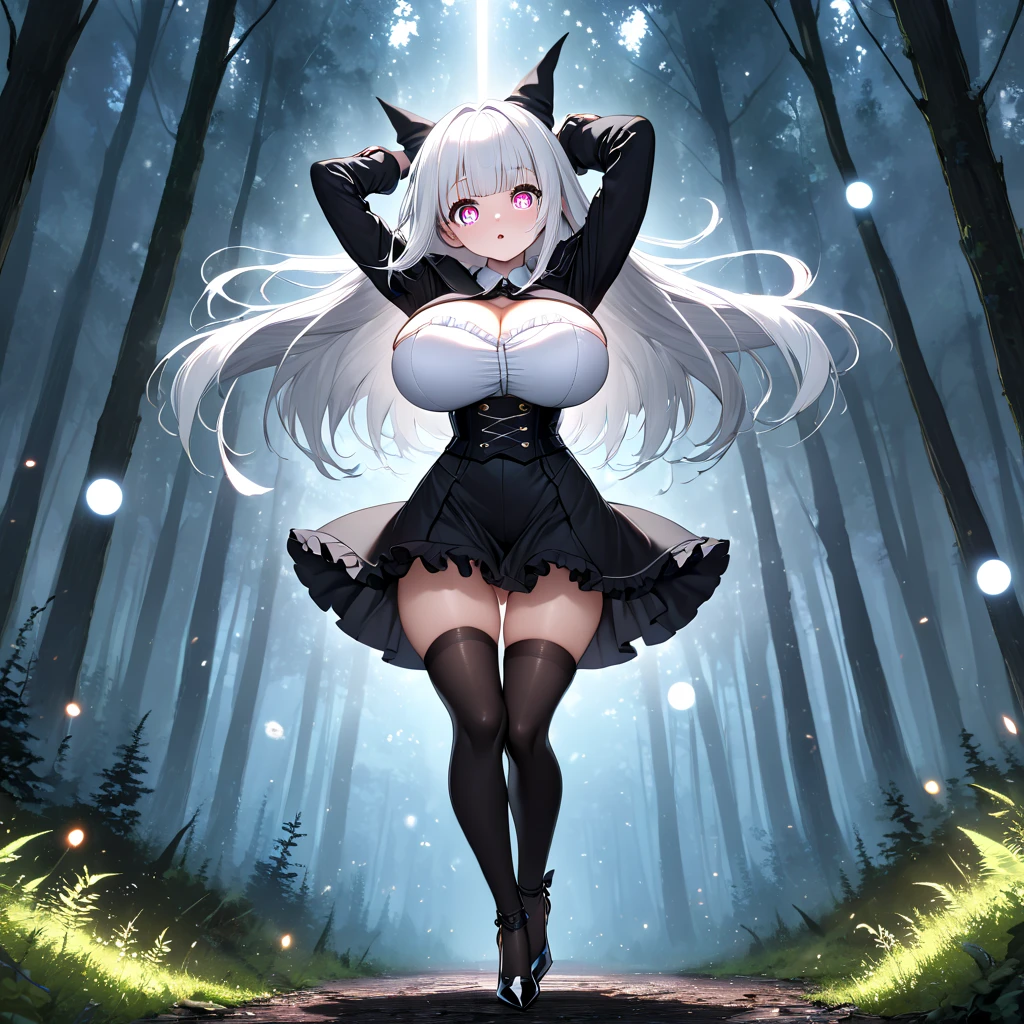 beautiful detailed, (detailed face), ultra high resolution, masterpiece, BREAK, landscape, forest, floating light circles, BREAK, (solo), (1 very small girl standing:1.4), (little wizard), skinny, BREAK, (lifting own chest), swaying back, BREAK, (bouncing huge breasts), (downing arms backward:1.2), arms behind back, hands behind hip, tiptoe, looking at viewer, BREAK, shiny white hair, absurdly long hair, straight hair, blunt bangs, glowing multicolored eyes, jitome, BREAK, narrow shoulders, (too short torso:1.2), (bursting disproportionately huge breasts:1.3), (too narrow skinny waist), (too short waist:1.2), (skinny legs), BREAK, black frilled black capelet, (frilled white shirts with open chest:1.2), cleavage, frilled black short high-waist skirt cinches underbust too tight, thigh gap, long inky-black thighhighs, stiletto heels, BREAK, {orgasm}