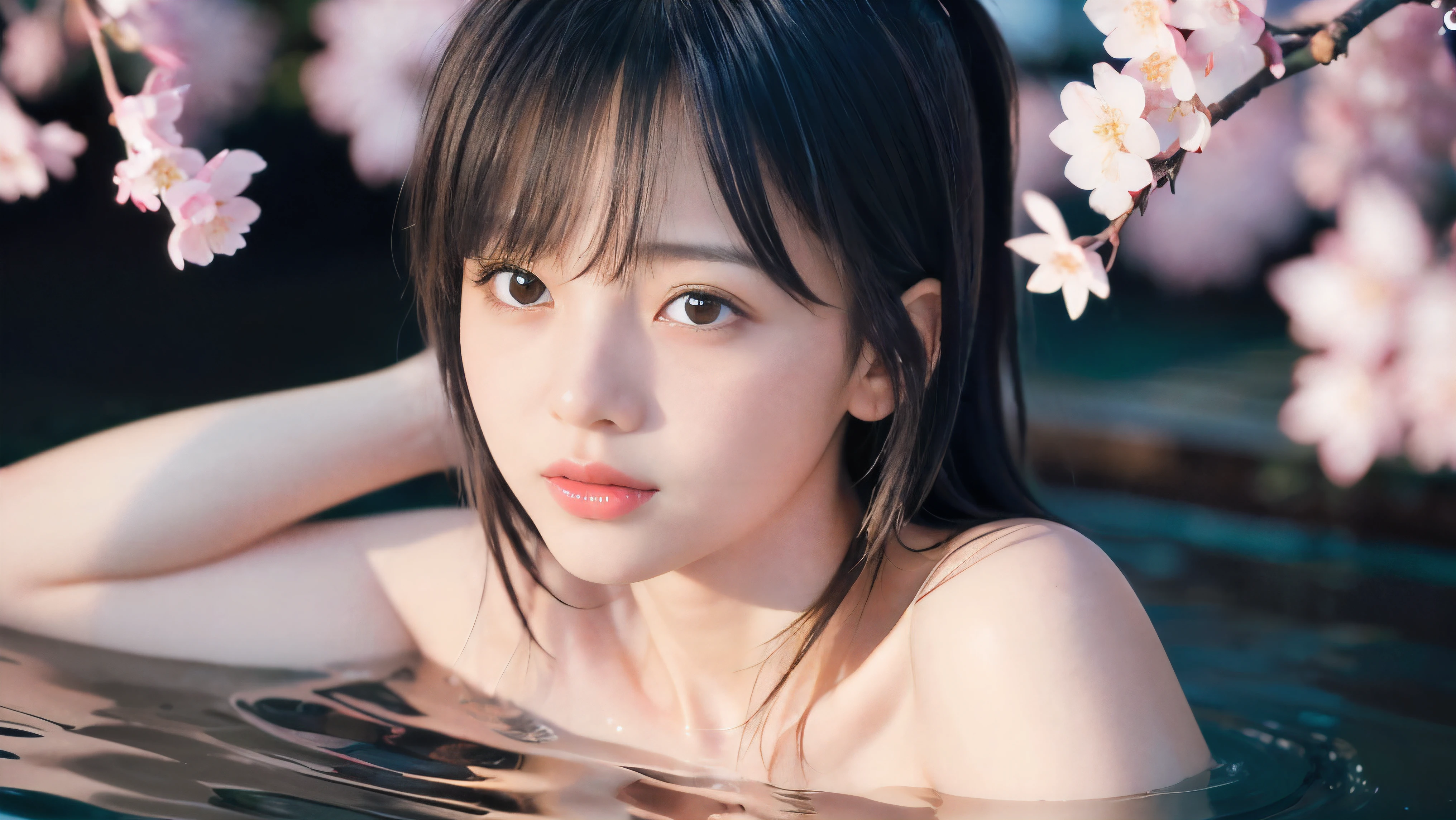 (High angle shot of a naked slender small breasts two side up black medium hair with bangs girl:1.5)、(Naked girl is soaking in a milky color Japanese onsen outdoors and looking up the sky:1.5)、(Outdoor Japanese onsen with milky white color and it has full bloom cherry blossoms:1.5)、(blurred background:1.5)、(Natural light:1.5)、(8k ultra detailed master piece:1.5)、(perfect anatomy:1.5)、(Photorealistic stick:1.5)、(Raw photo:1.3)、(highest quality:1.5)、(High resolution:1.3)、(Delicate and beautiful perfect face:1.3)、(Delicate and beautiful eye air skin:1.3)、(Real Human Skin:1.3)、((thin legs))