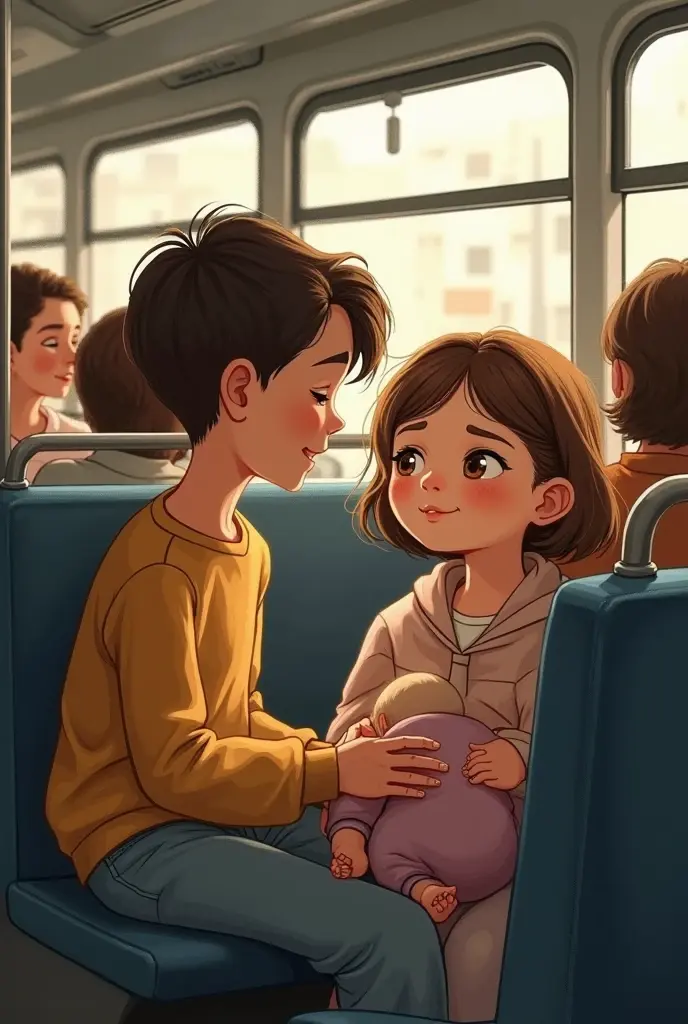 illustration. 8-year-old boy giving up his seat to a woman with a baby on the bus.