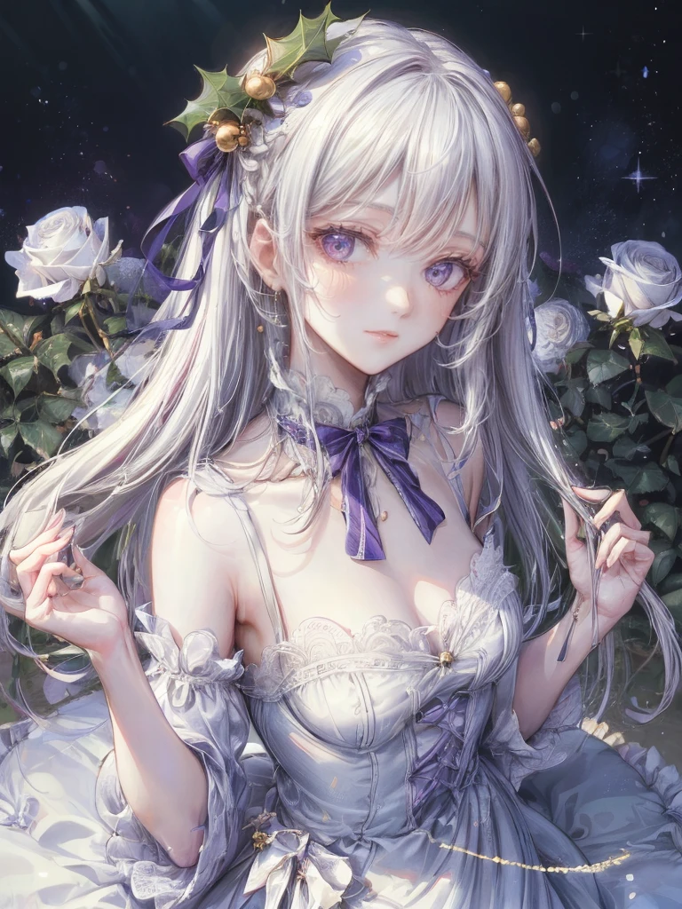 Emilia Re:Zero kara Hajimeru Isekai Seikatsu, gorgeous white and purple wedding dress, holding a bunch of flower, silk accesory, veil, grace hair style, flower flying, garden background, perfect body shape, small breast, holy and forzen aura, detailed skin, silver necklace, diamond ring, masterpieces, silver and light purple pupil, heavy make up, best quality anime 16k wallpaper quality