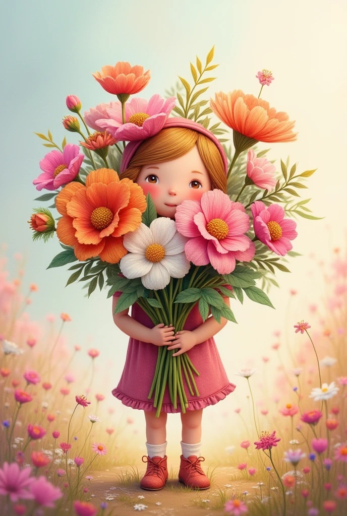 white background,baby girl standing,wearing beautiful party frock,purple shade full frill frock,she holding large bunch of flowers,hard to hold that heavy flower bunch,some flowers are fell down,nice smiling Sophia face,hide half face of flowers