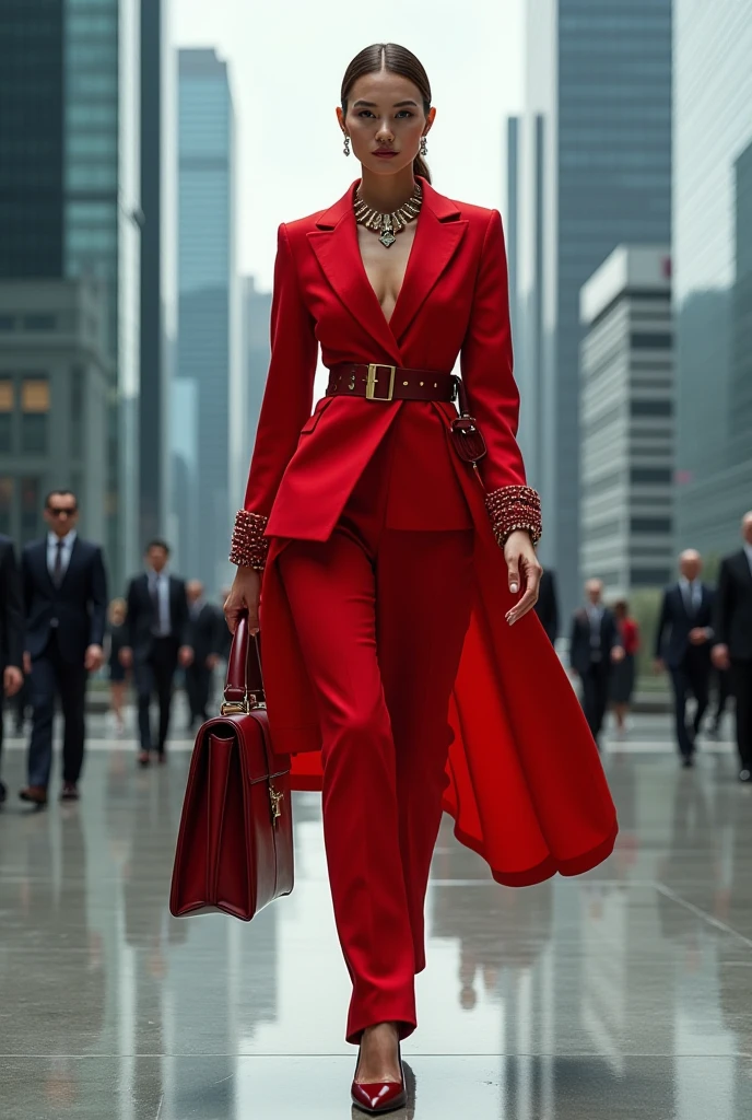 masterpiece, Pale skin, Red lips, Light eyes, Eyeshadow, Front view shot of a beautiful brunette woman,medium curly hair,Standing on the street,Holding a Thompson M1928A1 drum, Behind her is a 1928 Cadillac Town Sedan,Green on the left, She's wearing a red and black mafia suit, The skirt and jacket were draped over her shoulders,Like the Mafia, Garter belt and high heels, Very detailed body, Detailed cars and clothes, Chiaroscuro, Natural daylight, Very detailed, She and the car focus on the image