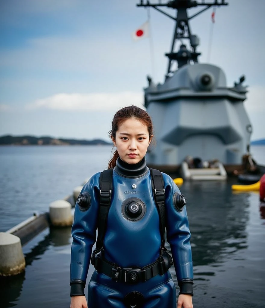 A documentary photo, Photo-realistic, ultra-realistic, (Japanese beautiful young woman, famous Japanese idol, boyish cool face:1.3), wetlook rubberish blue clothes,, she is a military diver of Japan navy, experienced military diver, wearing a professional wetsuits for military diver with professional scuba equipment, She is on a shlre, She is preparing to scuba dive for a lifesaving mission, there is a large battle ship behind her,, Natural Makeup, boyish face ,Front View:1.21, Perfect Anatomy:1.21, Small head:1.21, Slender body:1.37, Narrow waist:1.5, Thin limbs:1.5, Flat Chest:1.5, Anatomically correct limbs, Diving Suits drysuits (high smooth turtleneck collar), Fully equipped for diving, Very cute Japanese woman, Brown Hair, Chignon Hair, woman holds oval scuba mask, Calm sea in qinter, Dynamic and emotional movie lighting, 