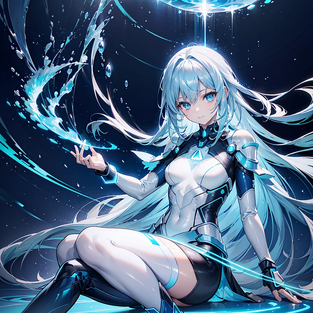 Korean girl, white long hair with bangs, icy blue eyes, white skin, white skimpy ninja suit, video game style, mortal kombat style