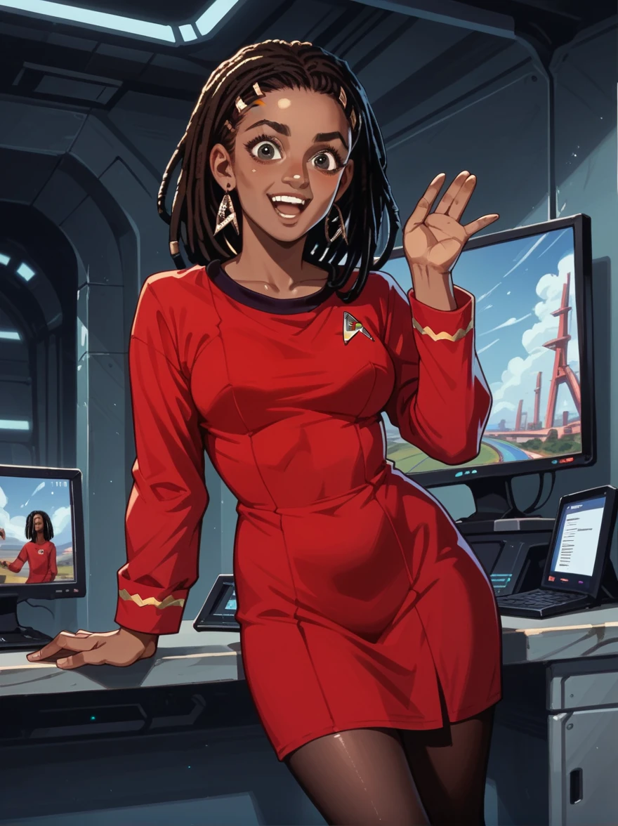  an African girl stunned  , Star Trek Uniform,  red dress ,happy,  on a science-fiction spaceship bridge,dreadlocks,looking at a monitor , long sleeves ,pantyhose