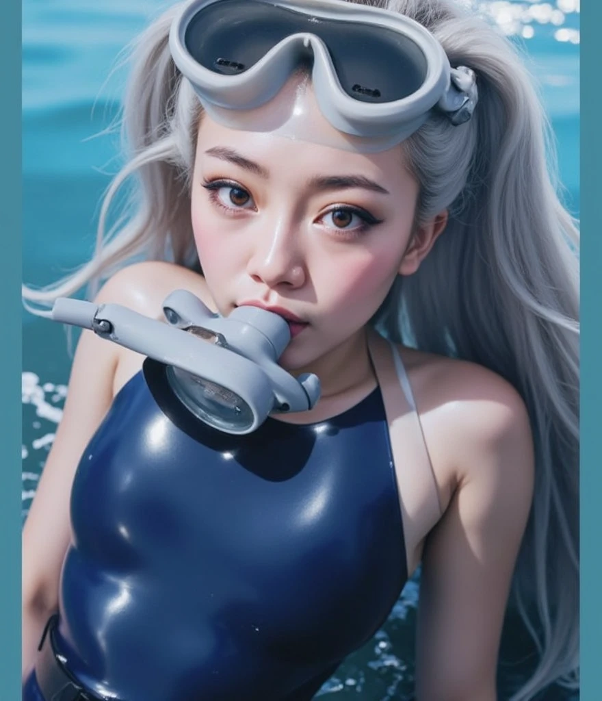 A documentary photo, Photo-realistic, ultra-realistic, (Japanese beautiful young woman, famous Japanese idol, boyish cool face:1.3), wetlook rubberish blue clothes,, she is a military diver of Japan navy, experienced military diver, wearing a professional wetsuits for military diver with professional scuba equipment, She is on a shlre, She is preparing to scuba dive for a lifesaving mission, there is a large battle ship behind her,, Natural Makeup, boyish face ,Front View:1.21, Perfect Anatomy:1.21, Small head:1.21, Slender body:1.37, Narrow waist:1.5, Thin limbs:1.5, Flat Chest:1.5, Anatomically correct limbs, Diving Suits drysuits (high smooth turtleneck collar), Fully equipped for diving, Very cute Japanese woman, Brown Hair, Chignon Hair, woman holds oval scuba mask, Calm sea in qinter, Dynamic and emotional movie lighting, 