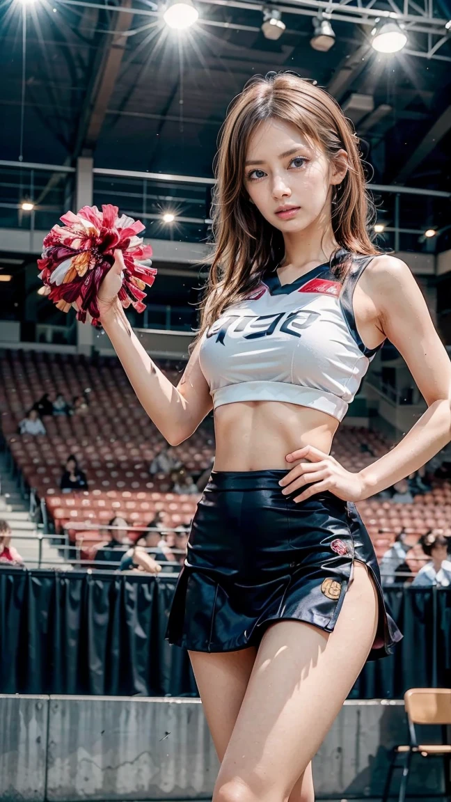 A beautiful young Japanese woman, 20 years old, with perfect anatomy, healthy thighs, beautiful feet, flawless skin, random hair color and style, large bust, (she is standing:1.2), wearing a cheerleader uniform with micro-pleated miniskirt, in a full body shot, standing in a stadium, (best quality,4k,8k, highres, masterpiece:1.3), (extremely detailed:1.2), Keiko Kitagawa