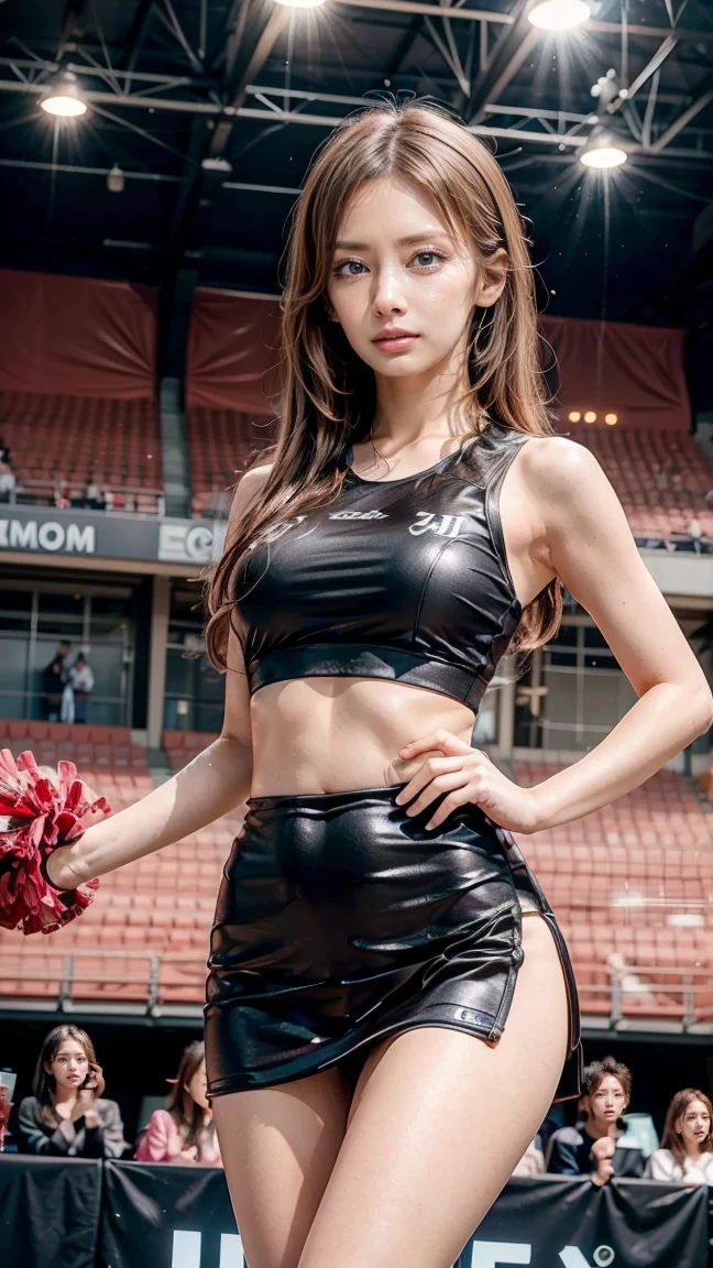 A beautiful young Japanese woman, 20 years old, with perfect anatomy, healthy thighs, beautiful feet, flawless skin, random hair color and style, large bust, (she is standing:1.2), wearing a cheerleader uniform with micro-pleated miniskirt, in a full body shot, standing in a stadium, (best quality,4k,8k, highres, masterpiece:1.3), (extremely detailed:1.2), Keiko Kitagawa