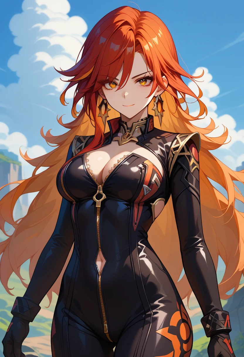 score_9,score_8_up,core_7_up,   kokushibou-gi, 1girl, breasts, solo, long hair, cleavage, large breasts, sky, looking at viewer, blue sky, bangs, smile, outdoors, cloud, bodysuit, day, gloves, covered navel, earrings, jewelry, black bodysuit, clothing cutout, closed mouth, black gloves,full-length zipper,