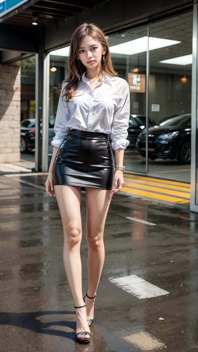 a beautiful detailed Japanese woman, 24 years old, with healthy thighs, beautiful legs, beautiful skin, random hair color and hairstyle, large breasts, female secretary, wearing a miniskirt, (she is standing:1.2), full body shot, high heels, holding a notebook in one hand, (best quality,8k, masterpiece:1.3), (extremely detailed:1.2), perfect anatomy, Keiko Kitagawa